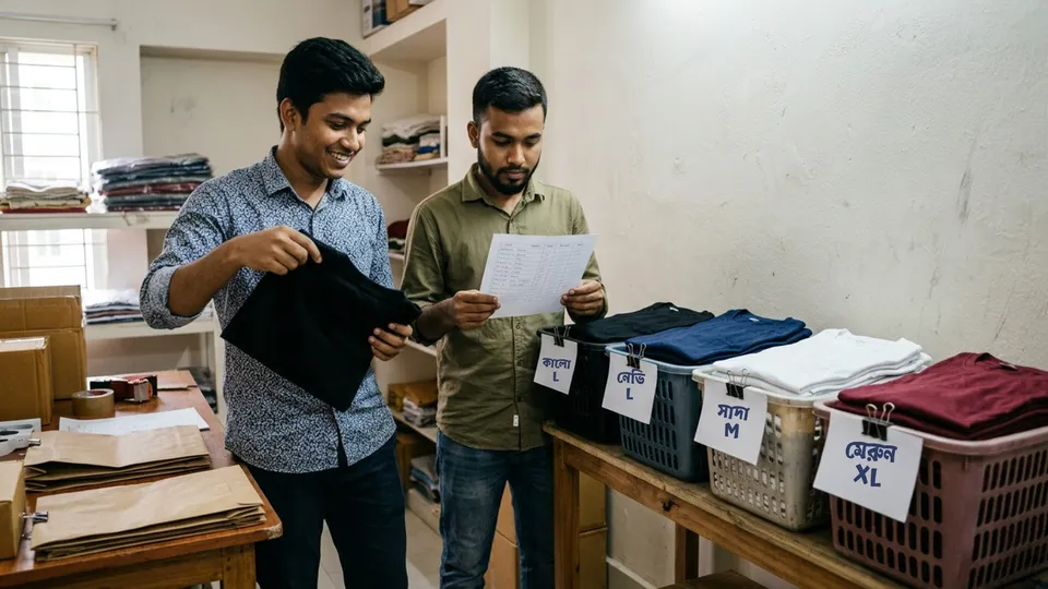 প্যাকিং টেবিলের পাশে রং আর সাইজ লেখা কয়েকটা প্লাস্টিকের ঝুড়ি, একজন যুবক ঝুড়ি থেকে একটা শার্ট তুলছেন, আরেকজন লোক হাতে ছাপানো অর্ডারের লিস্ট নিয়ে মিলিয়ে দেখছেন