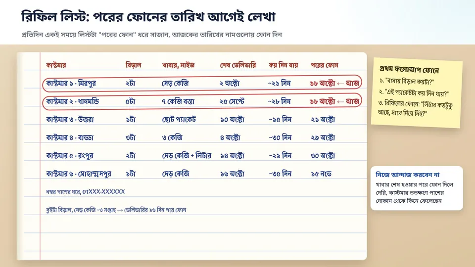 খোলা খাতায় হাতে আঁকা রিফিল লিস্টের নকশা, কলামে কাস্টমারের নাম, বিড়াল কয়টা, খাবারের সাইজ, শেষ ডেলিভারি, কয় দিন যায় আর পরের ফোনের তারিখ, আজকের তারিখের সারিতে গোল দাগ