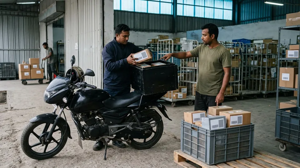 ভোরবেলা একটা কুরিয়ার হাবে একজন রাইডার বাইকের পেছনের বড় বক্সে পার্সেল সাজাচ্ছেন, পাশে আরেকজন পুরুষ কর্মী একটা ক্রেটে আলাদা করে রাখা পার্সেলের স্তূপ দেখিয়ে দিচ্ছেন