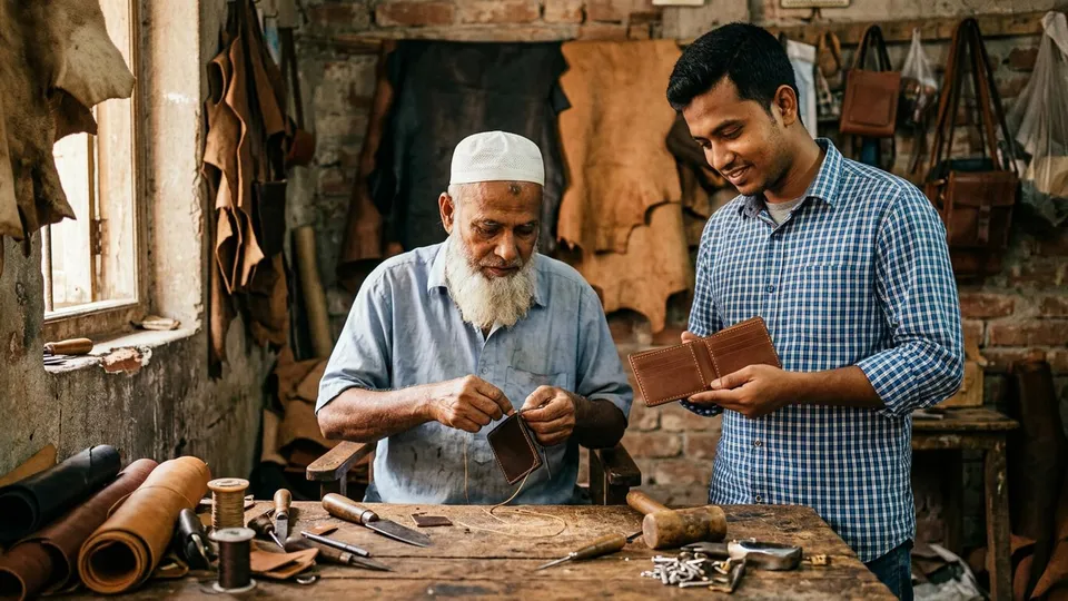 হাজারীবাগের একটা ছোট চামড়ার কারখানায় একজন বয়স্ক কারিগর টেবিলে বসে একটা মানিব্যাগ সেলাই করছেন, পাশে দাঁড়িয়ে একজন তরুণ সেলার হাতে একটা তৈরি মানিব্যাগ নিয়ে সেলাই দেখছেন