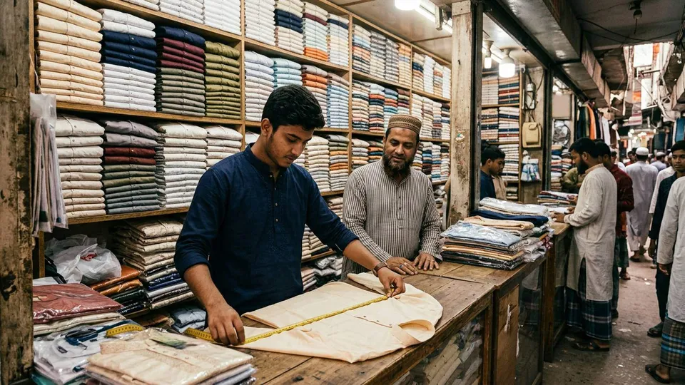 পুরান ঢাকার একটা পাইকারি দোকানে তাকে ভাঁজ করে রাখা নানা রঙের পাঞ্জাবির সারি, সামনে দাঁড়িয়ে একজন তরুণ সেলার মাপার ফিতা দিয়ে একটা পাঞ্জাবির বুক মাপছেন, কাউন্টারের ওপাশে দোকানের মালিক