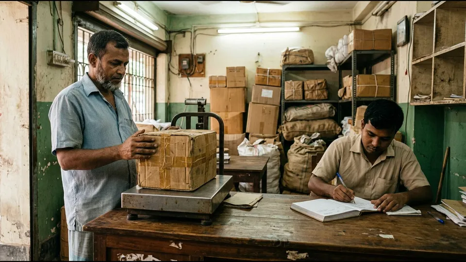 কুরিয়ারের একটা শাখা অফিসের কাউন্টারে একজন মাঝবয়সী লোক কার্টন বুক করছেন, কাউন্টারের ওপাশে একজন পুরুষ কর্মী ওজন মেপে রিসিট লিখছেন
