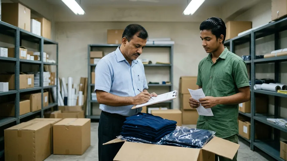 একটা অফিসের স্টোর রুমে খোলা কার্টনে নেভি ব্লু পোলো শার্ট, একজন মধ্যবয়সী পুরুষ স্টোর অফিসার ক্লিপবোর্ডে চালানে সই করছেন, পাশে দাঁড়িয়ে একজন তরুণ সেলার নিজের কপিটা ধরে আছেন