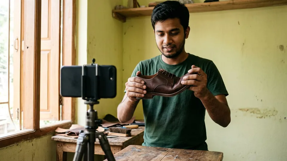জানালার পাশে একটা ছোট মোবাইল স্ট্যান্ডে ফোন রাখা, একজন যুবক ক্যামেরার সামনে একটা বাদামি জুতা হাতে ধরে তলাটা বাঁকিয়ে দেখাচ্ছেন, দিনের আলো জুতার ওপর পড়ছে