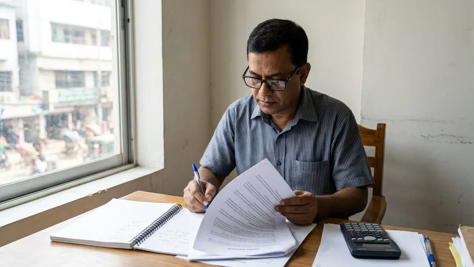 একটা ডেস্কে বসে একজন মধ্যবয়সী পুরুষ চশমা পরে কয়েক পেজের একটা চুক্তিপত্র পড়ছেন, হাতে কলম দিয়ে কয়েকটা লাইনে দাগ দিচ্ছেন, পাশে একটা খাতা আর ক্যালকুলেটর