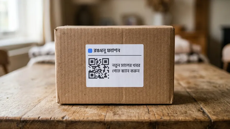 একটা কুরিয়ার পার্সেলের ওপরে লাগানো স্টিকারের কাছ থেকে তোলা ছবি, স্টিকারে দোকানের নাম, ছোট একটা QR কোড আর বাংলায় লেখা "নতুন মালের খবর পেতে স্ক্যান করুন", পার্সেলটা কাঠের টেবিলে রাখা, আশেপাশে কোনো মানুষ নেই