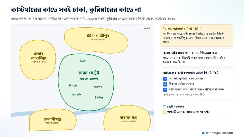 ঢাকা শহরের একটা সহজ নকশা মানচিত্র, মাঝের মেট্রো এলাকা সবুজ রঙে, আর চারপাশে সাভার, আশুলিয়া, টঙ্গী, গাজীপুর, কেরানীগঞ্জ আর নারায়ণগঞ্জ হলুদ রঙে আলাদা করে দাগানো