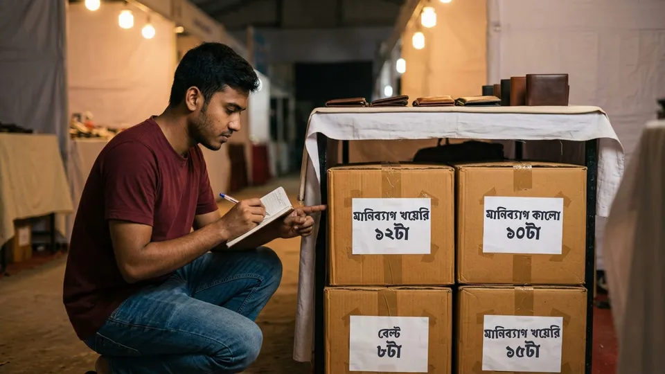 মেলার স্টলের টেবিলের নিচে মুখ টেপ দিয়ে আটকানো কয়েকটা কার্টন, প্রতিটার গায়ে মার্কার দিয়ে প্রোডাক্টের নাম আর সংখ্যা লেখা, পাশে বসে একজন তরুণ ছেলে খাতা হাতে রাতের স্টক গুনছে
