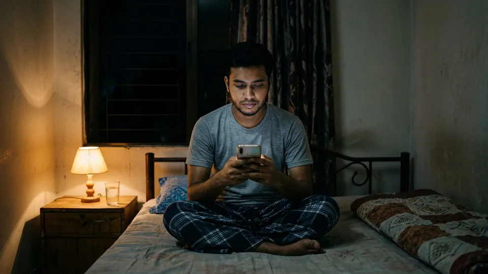 রাতে বিছানায় বসে একজন তরুণ সেলার মোবাইলে নিজের নতুন ফেসবুক পেজ দেখছেন, স্ক্রিনে কয়েকটা পোস্ট আর খালি ইনবক্স