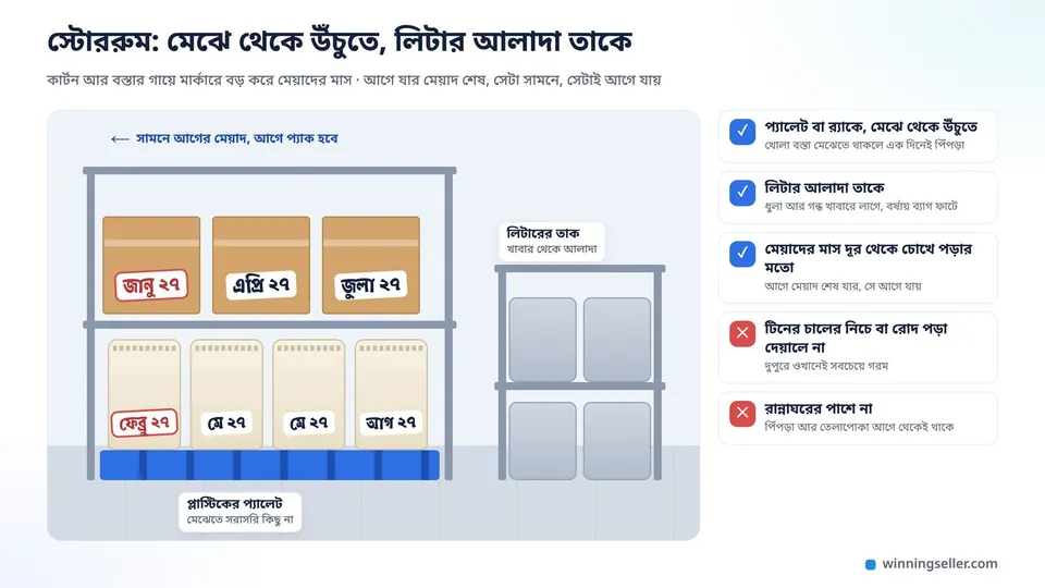 একটা ছোট স্টোররুমে প্লাস্টিকের প্যালেটের ওপর সিল করা ক্যাট ফুডের বস্তা সাজানো, কার্টনের পাশে মার্কার দিয়ে বড় করে মেয়াদের মাস লেখা, আলাদা তাকে লিটারের ব্যাগ রাখা