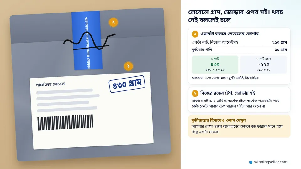 একটা কুরিয়ার পলির নকশা, লেবেলের কোণায় কলমে লেখা ৪৩০ গ্রাম, দোকানের নাম ছাপানো নীল টেপের জোড়ার ওপর মার্কারে টানা সই, পাশে ওজন মেলানোর হিসাব