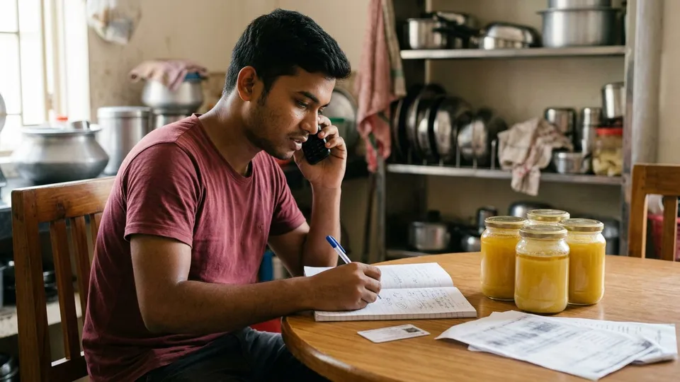 বাসার রান্নাঘরের টেবিলে বসে একজন তরুণ পুরুষ সেলার ফোনে কথা বলছেন আর খাতায় নোট লিখছেন, পাশে ঘিয়ের কয়েকটা কাচের বয়াম, জাতীয় পরিচয়পত্র আর ট্রেড লাইসেন্সের ফটোকপি রাখা