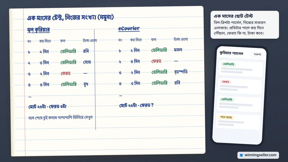 রাতের টেবিলে খোলা একটা খাতায় দুই কলামে মূল কুরিয়ার আর eCourier-এর পার্সেলের নমুনা হিসাব, কয় দিনে পৌঁছাল, ডেলিভারি না ফেরত আর টাকা কবে এলো, পাশে মোবাইলে কুরিয়ার প্যানেলের সহজ নকশা
