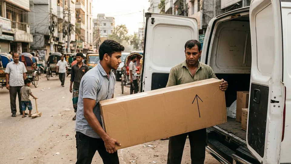 একটা কুরিয়ারের ভ্যানের পেছনের দরজা খোলা, একজন যুবক সেলার আর একজন কুরিয়ারের কর্মী মিলে একটা লম্বা সাইকেলের কার্টন ভ্যানে তুলছেন, কার্টনের গায়ে হাতে লেখা এই দিক উপরে, কোনো লোগো নেই