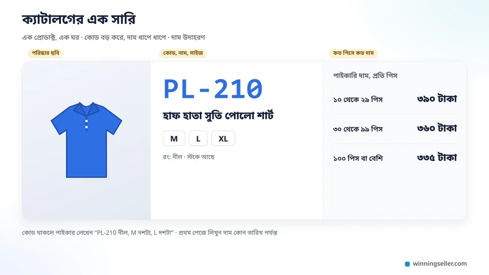 একটা ক্যাটালগের এক সারির নকশা, বাঁয়ে একটা নীল পোলো শার্টের ছবি, মাঝে বড় অক্ষরে কোড PL-210, নাম আর সাইজ M L XL, ডানে তিন ধাপের দামের ছোট টেবিল, ১০ থেকে ২৯ পিস, ৩০ থেকে ৯৯ পিস আর ১০০ পিসের বেশি
