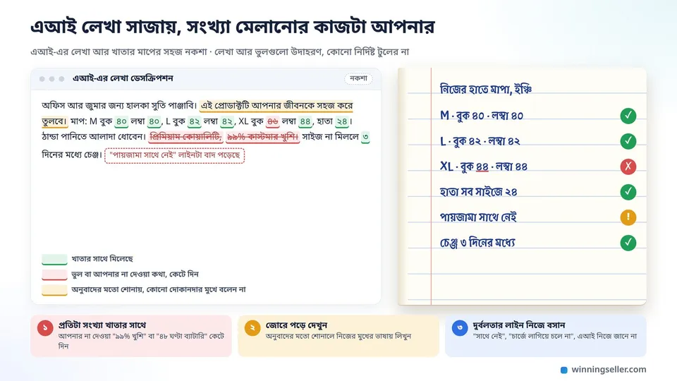 এআই-এর লেখা ডেসক্রিপশনের নকশা, প্রতিটা সংখ্যা খাতায় হাতে মাপা সংখ্যার সাথে মিলিয়ে ভুলগুলো দাগানো