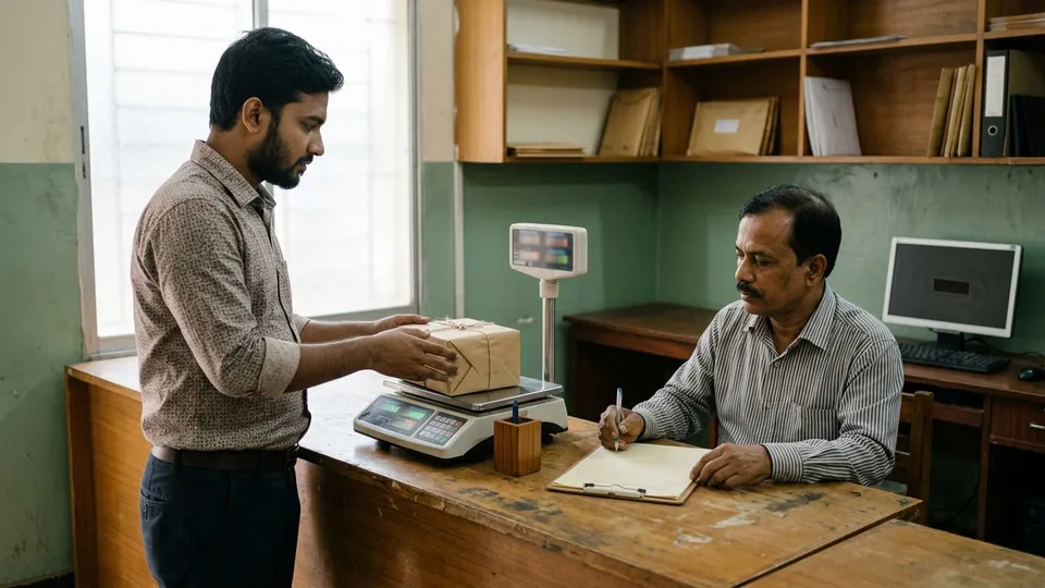 একটা ডাকঘরের কাউন্টারে একজন যুবক একটা ছোট মোড়ানো পার্সেল ডিজিটাল ওজন মেশিনে রাখছেন, কাউন্টারের ওপাশে একজন পুরুষ কর্মচারী মেশিনের পর্দার দিকে তাকিয়ে আছেন, পাশে একটা কাস্টমস ফর্ম
