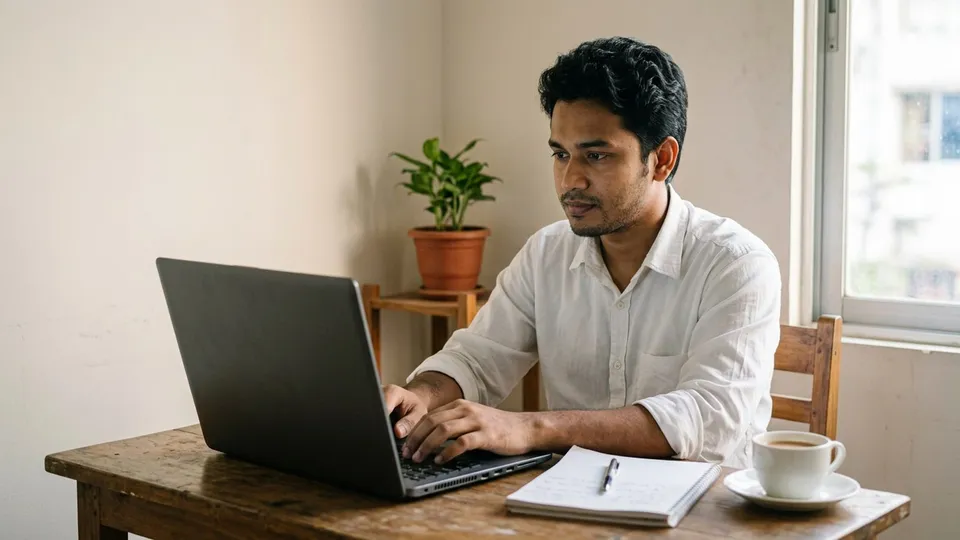 একজন তরুণ ছেলে সেলার বাসার টেবিলে ল্যাপটপে কুরিয়ারের মার্চেন্ট রেজিস্ট্রেশন ফর্ম পূরণ করছেন, পাশে খোলা খাতায় পেজের লিংক, পিকআপের ঠিকানা আর bKash নম্বর লেখা, একটা চায়ের কাপ রাখা