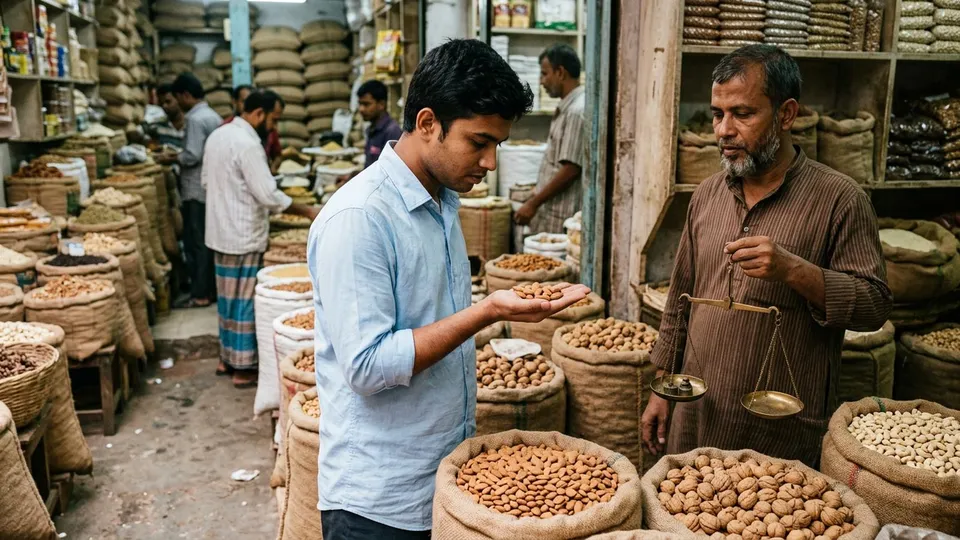 পাইকারি দোকানের সামনে খোলা বস্তা থেকে একজন যুবক হাতের তালুতে কয়েকটা কাঠবাদাম নিয়ে আলোর দিকে ধরে খুঁটিয়ে দেখছেন, পাশে দোকানদার একটা ছোট পাল্লা হাতে দাঁড়িয়ে