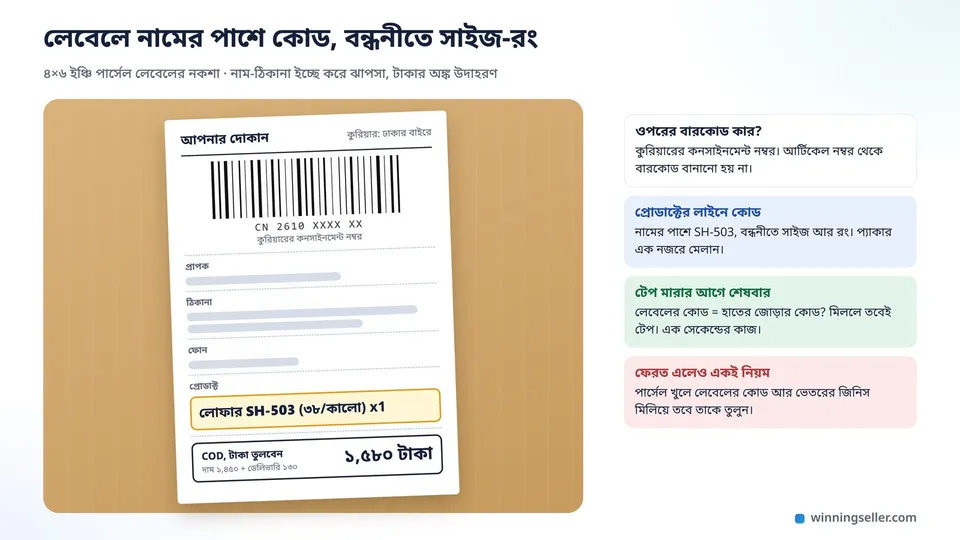 একটা পার্সেল লেবেলের নকশা, কাস্টমারের নাম আর ঠিকানার নিচে প্রোডাক্টের লাইনে লেখা লোফার SH-503 (৩৮/কালো) x1, পাশে টাকা তোলার অঙ্ক, ওপরে কুরিয়ারের কনসাইনমেন্ট নম্বরের বারকোড