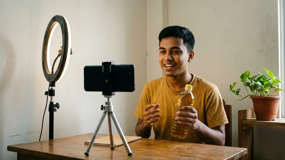 একজন তরুণ ছেলে নিজের ঘরে টেবিলে ট্রাইপডে ফোন বসিয়ে সরিষার তেলের একটা বোতল হাতে নিয়ে ক্যামেরার দিকে কথা বলছে, পাশে একটা রিং লাইট