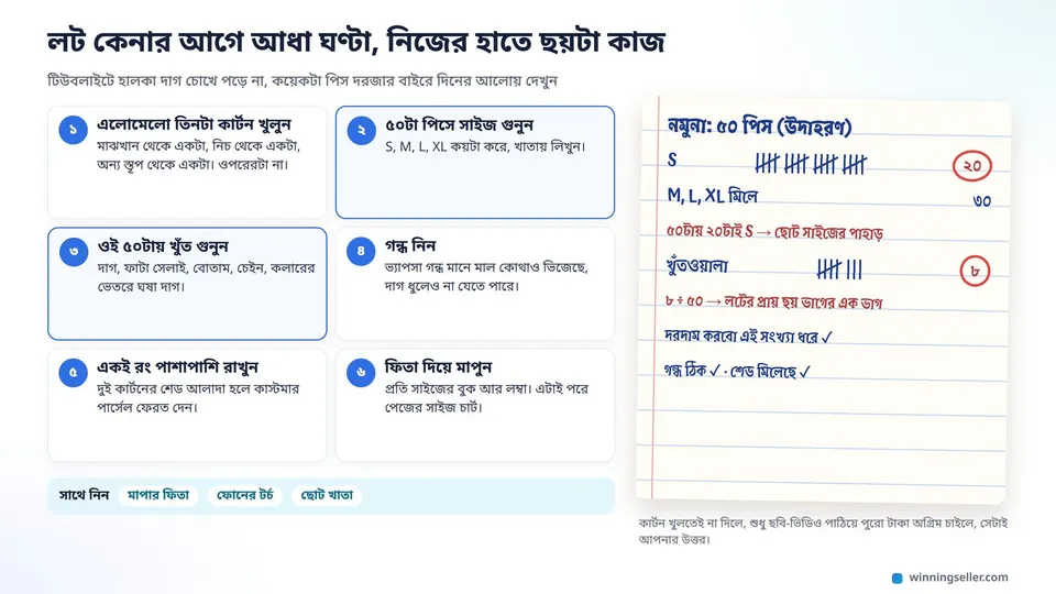লট কেনার আগে ছয়টা কাজের লিস্ট, পাশে খাতায় ৫০ পিসের নমুনায় S সাইজ ২০টা আর খুঁতওয়ালা ৮টা গোনার দাগ