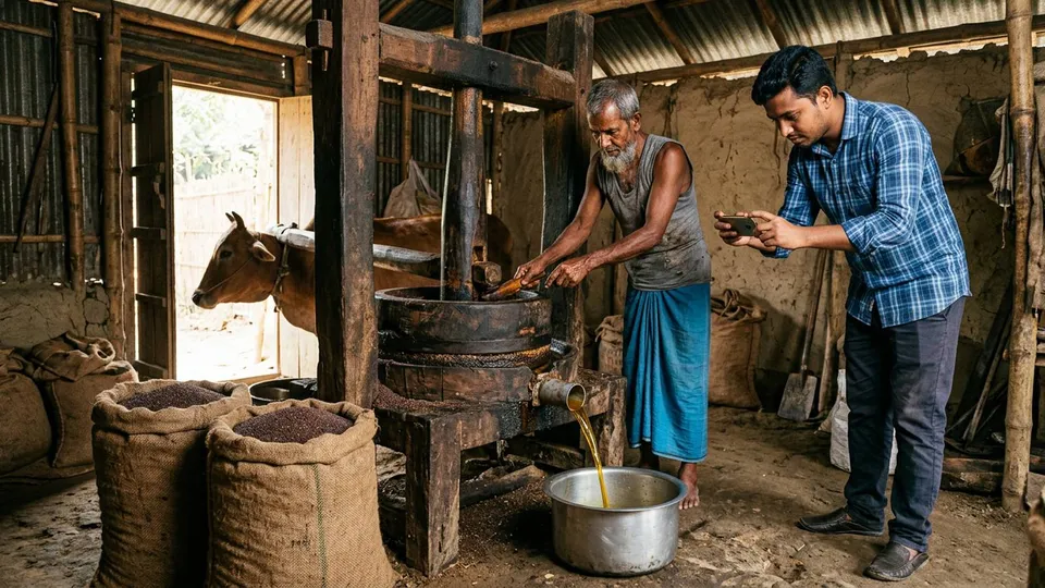 গ্রামের একটা কাঠের ঘানির পাশে দাঁড়িয়ে একজন তরুণ সেলার মোবাইলে ভিডিও করছেন, ঘানির নিচের নল দিয়ে সোনালি তেল একটা স্টিলের পাত্রে পড়ছে, পাশে বস্তায় সরিষা আর একজন বয়স্ক পুরুষ ঘানিওয়ালা