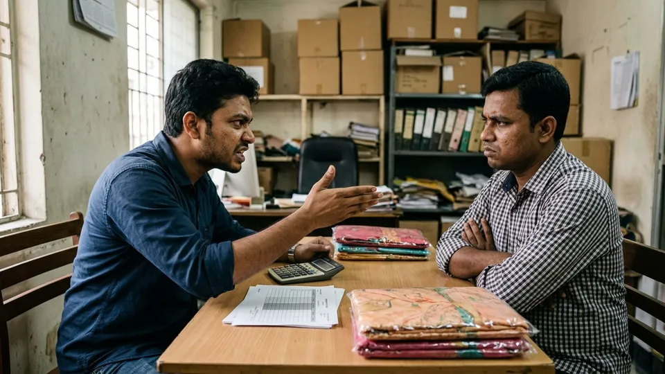 অফিসের টেবিলের দুই পাশে বসে দুইজন পুরুষ পার্টনার তর্ক করছেন, মাঝে ক্যালকুলেটর, কুরিয়ারের পেমেন্টের কাগজ আর থ্রি-পিসের প্যাকেট