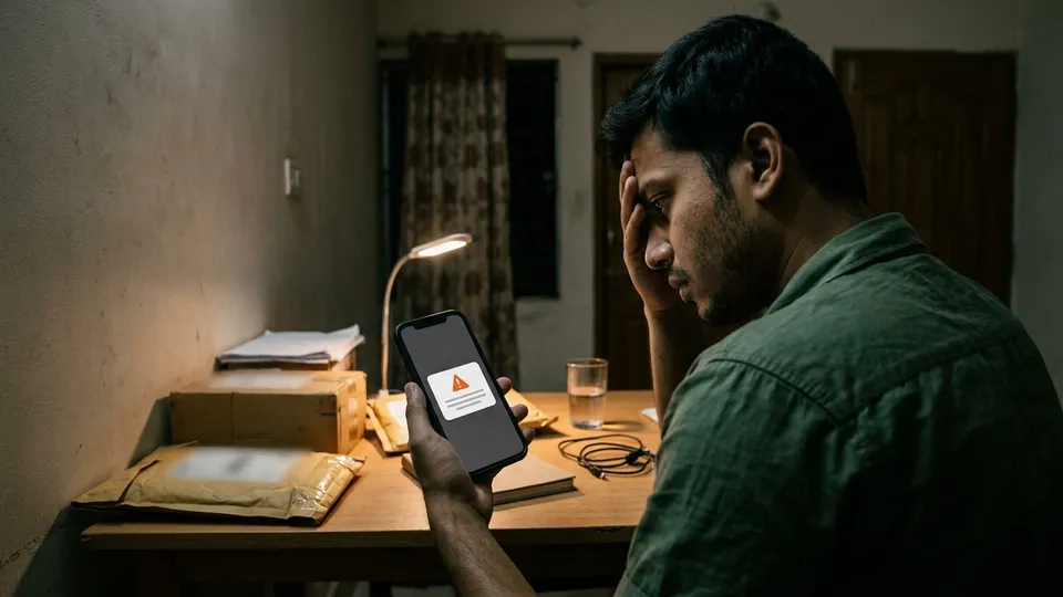 একজন যুবক সেলার রাতে কপালে হাত দিয়ে চিন্তিত মুখে ফোনের দিকে তাকিয়ে আছেন, স্ক্রিনে একটা ওয়ার্নিং বক্স