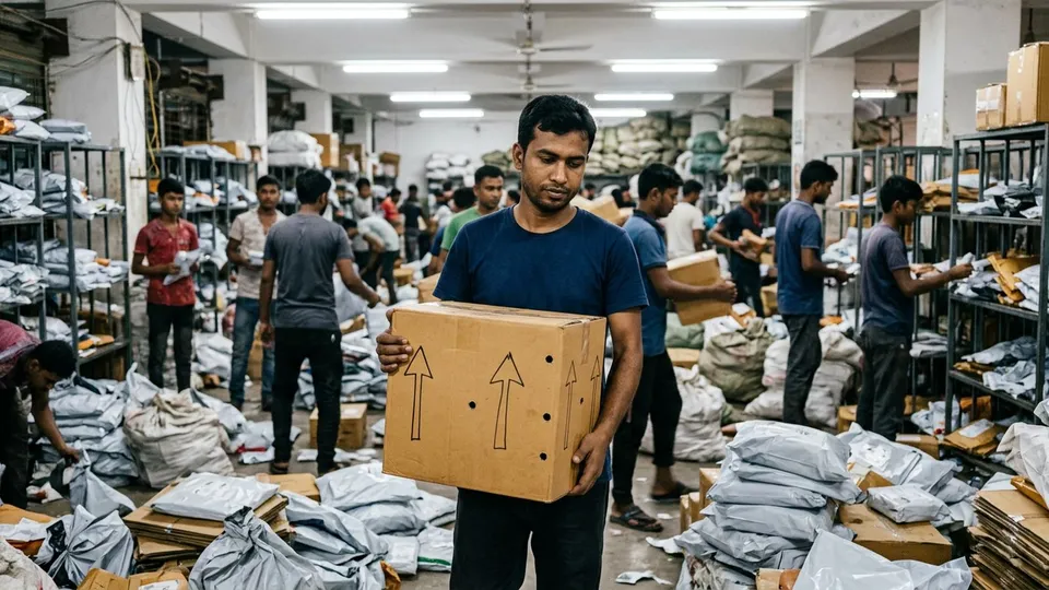 কুরিয়ার হাবে একজন রাইডার গাছের একটা কার্টন দুই হাতে খাড়া করে ধরে আছেন, কার্টনের গায়ে বড় তীর চিহ্ন আর বাতাসের ছোট ছিদ্র, চারপাশে স্তূপ করা অন্য পার্সেল