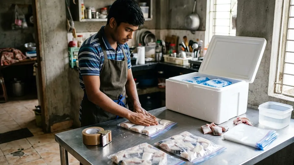 প্যাকিং টেবিলে একজন তরুণ সেলার কাটা-ধোয়া মাছ জিপ পলিতে চ্যাপ্টা করে সাজাচ্ছেন, পাশে খোলা সাদা ককশিট বক্স, কয়েকটা জমানো জেল প্যাক আর টেপের রোল