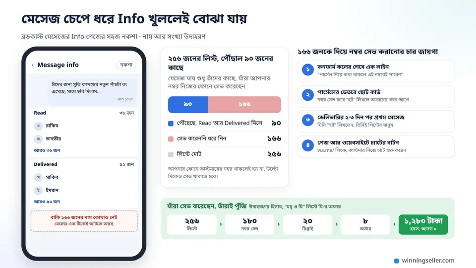 ব্রডকাস্ট মেসেজের Info পেজের নকশা, Read আর Delivered-এর নিচে অল্প কয়েকজনের নাম, বাকি ১৬৬ জনের জায়গা ফাঁকা, পাশে ২৫৬ জনের হিসাব