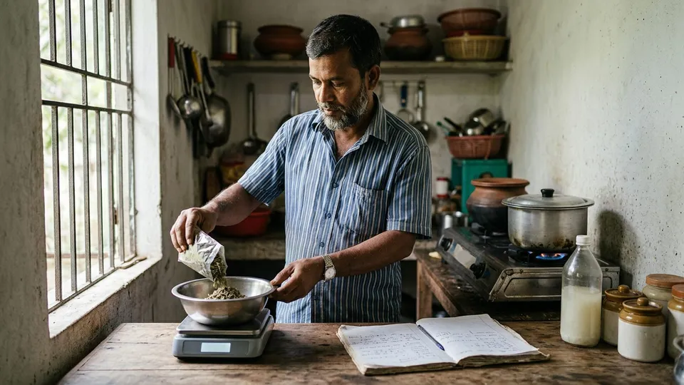 বাসার রান্নাঘরের টেবিলে একজন মধ্যবয়সী পুরুষ ডিজিটাল ওজন যন্ত্রে একটা বাটিতে শুকনো ভেষজ মাপছেন, পাশে খোলা খাতায় ব্যাচ নম্বর আর গ্রামের হিসাব লেখা, পেছনে নারকেল তেলের বোতল আর মোটা তলার একটা পাত্র