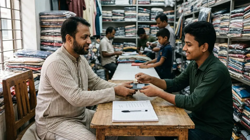 দোকানের টেবিলে বসে একজন মাঝবয়সী পুরুষ মালিক একজন তরুণ ছেলে কর্মীর কাছ থেকে একটা মোবাইল ফোন আর সিম ফেরত নিচ্ছেন, টেবিলে খোলা খাতায় ফোনের নম্বর আর দুজনের সইয়ের জায়গা, পাশে টিক দেওয়া একটা ছোট লিস্ট
