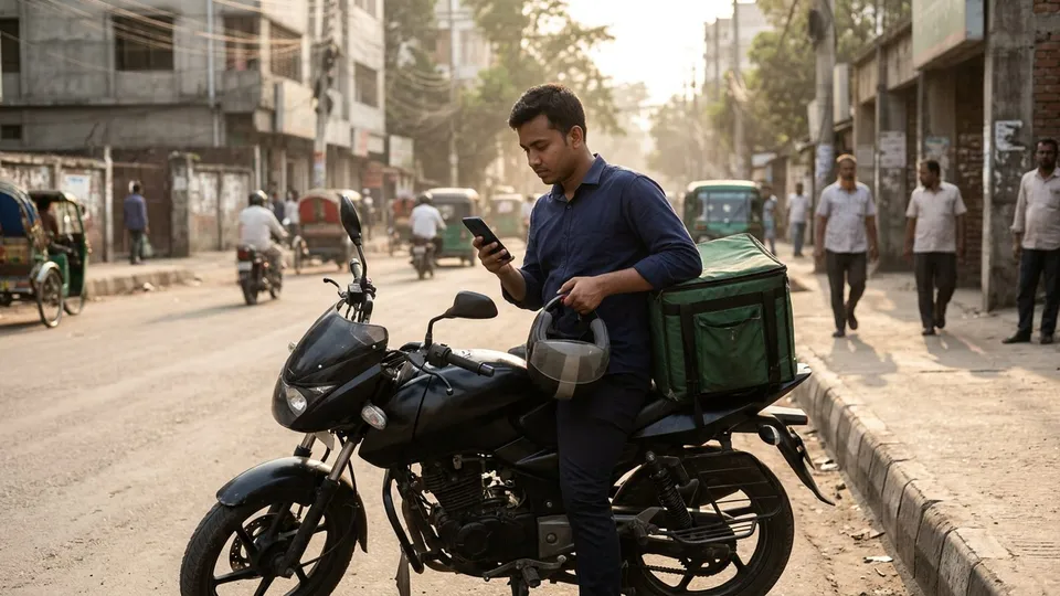 রাস্তার পাশে মোটরসাইকেল থামিয়ে একজন যুবক হেলমেট হাতে ফোনের স্টপওয়াচের দিকে তাকিয়ে আছেন, পেছনের সিটে বাঁধা একটা খাবারের ব্যাগ
