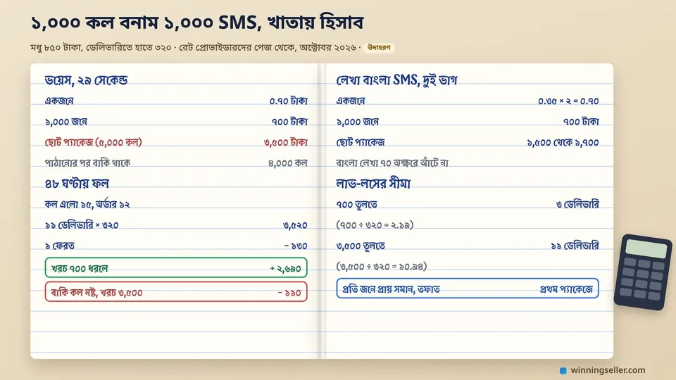একটা খোলা খাতায় হাতে লেখা হিসাব, বাঁদিকে ভয়েস কলের খরচ আর ডানদিকে লেখা SMS-এর খরচ, নিচে ডেলিভারি থেকে আসা টাকা আর লাভ-লসের দাগ, পাশে একটা ক্যালকুলেটর