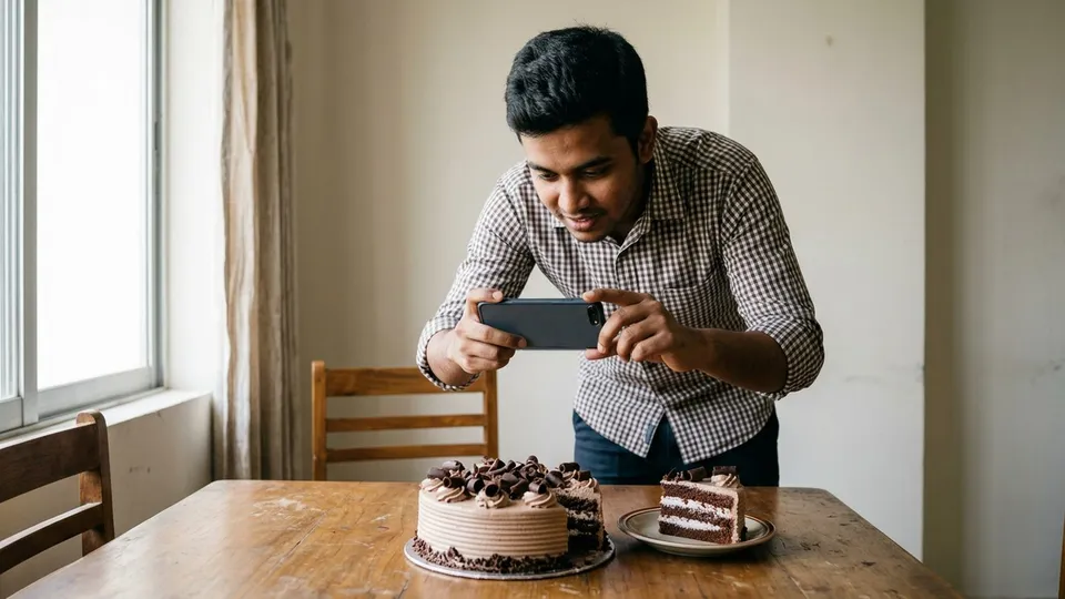 জানালার পাশে একটা কাঠের টেবিলে রাখা সাজানো কেক, একজন যুবক ফোন হাতে ঝুঁকে ওপর থেকে ছবি তুলছেন, পাশে একটা কেকের টুকরো কেটে রাখা যাতে ভেতরের স্তর দেখা যায়