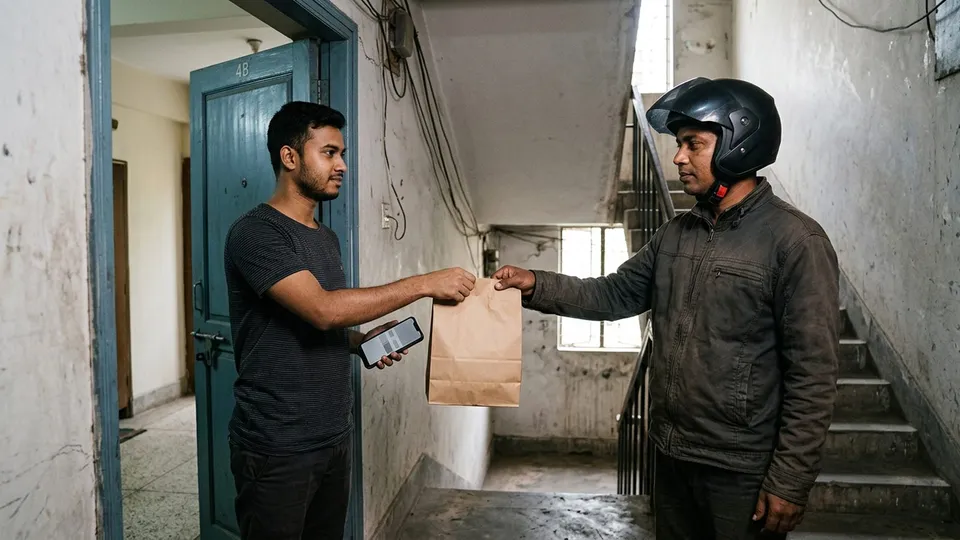 একটা বাসার দরজার সামনে একজন রাইডার সাধারণ জ্যাকেট পরে, কোনো লোগো ছাড়া, এক যুবকের হাত থেকে সিল করা একটা খাবারের ব্যাগ নিচ্ছেন, যুবকের অন্য হাতে ফোন