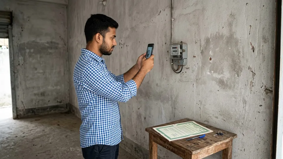 একজন তরুণ সেলার খালি গোডাউনের দেয়ালে লাগানো বিদ্যুতের সাব-মিটারের রিডিং মোবাইলে ছবি তুলছেন, পাশে টেবিলে স্ট্যাম্পে লেখা চুক্তিপত্র আর একটা কলম