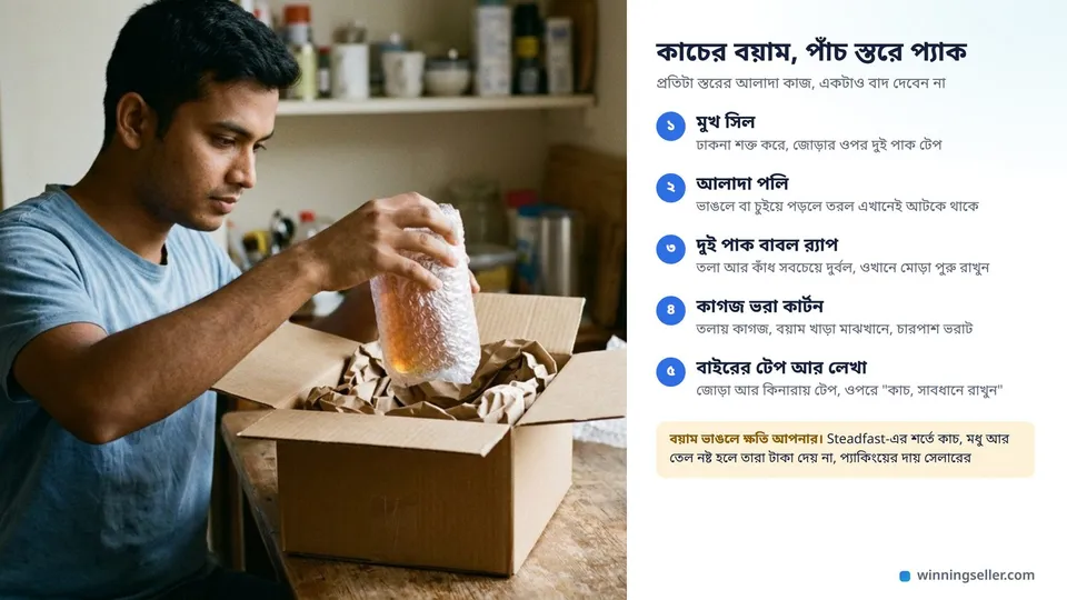 একজন তরুণ পুরুষ সেলার টেবিলে বসে মধুর একটা কাচের বয়াম বাবল র্যাপে মুড়ে দলা পাকানো কাগজ ভরা বাদামি কার্টনে খাড়া করে বসাচ্ছেন, পাশে মুখ সিল থেকে বাইরের টেপ পর্যন্ত পাঁচ স্তরের প্যাকিংয়ের লিস্ট