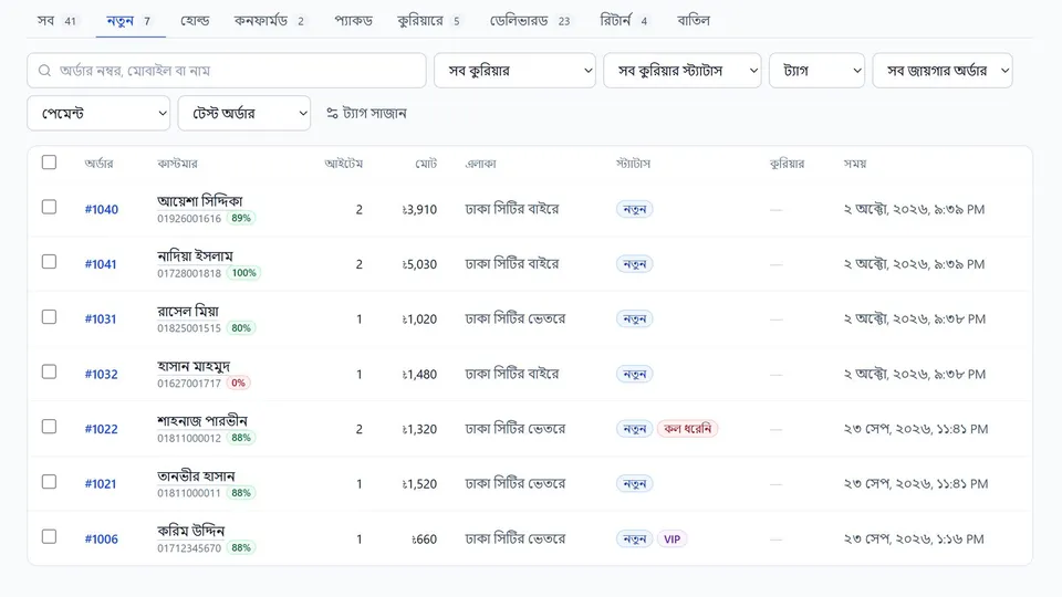 অর্ডার তালিকায় প্রতিটা নতুন অর্ডারের নম্বরের পাশে ক্রেতার কুরিয়ার রেকর্ড: ডেলিভারির হার শতাংশে, ভালো হলে সবুজ, খারাপ হলে লাল
