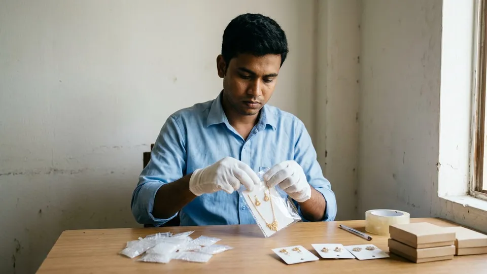 একজন যুবক টেবিলে বসে পাতলা সুতির গ্লাভস পরে একটা নেকলেস সেট স্বচ্ছ জিপ ব্যাগে ভরছেন, পাশে ছোট সিলিকা জেলের প্যাকেটের স্তূপ, কার্ডে আটকানো দুল আর কয়েকটা ছোট কাগজের বাক্স
