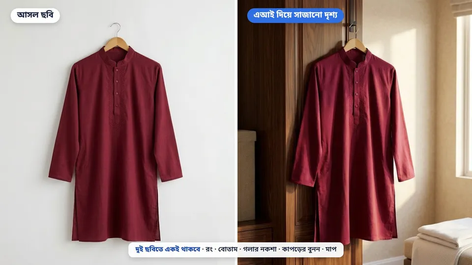 বাঁ দিকে সাদা কাগজের ওপর হ্যাঙারে ঝোলানো একটা মেরুন সুতি পাঞ্জাবির আসল ছবি, ডান দিকে একই পাঞ্জাবি একটা কাঠের আলমারির পাশে সকালের নরম আলোয় ঝুলছে, দুই ছবিতে বোতাম আর গলার নকশা একই