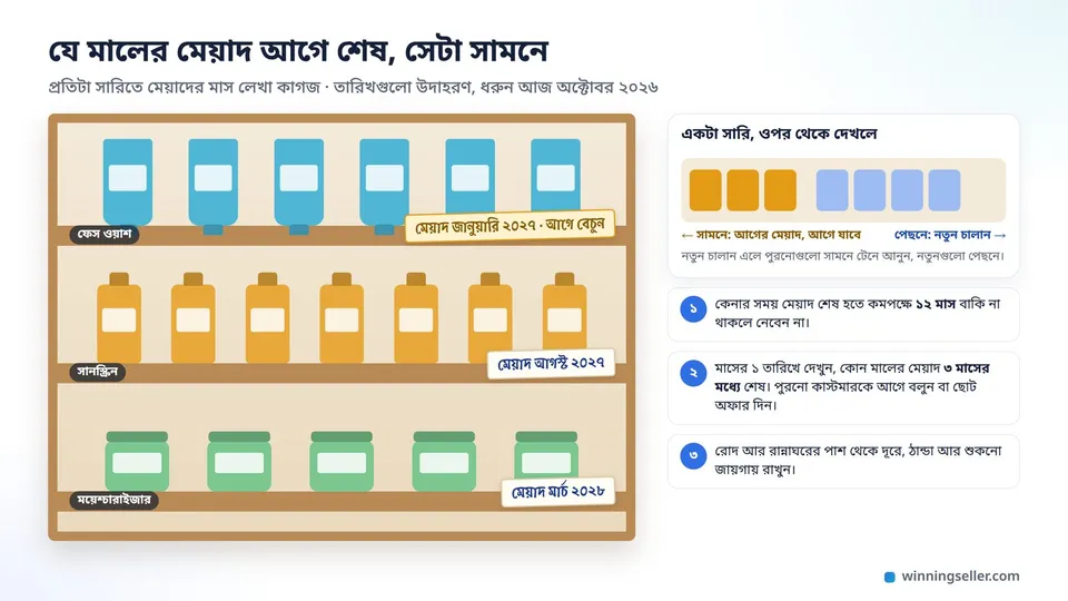 তিন তাকের একটা কসমেটিকসের র্যাকের নকশা, প্রতিটা তাকে ফেস ওয়াশ, সানস্ক্রিন আর ময়েশ্চারাইজারের সারি, তাকের গায়ে মেয়াদের মাস লেখা কাগজ, জানুয়ারি ২০২৭-এর সারিতে আগে বেচার দাগ, পাশে সামনে পুরনো আর পেছনে নতুন চালান রাখার নিয়ম