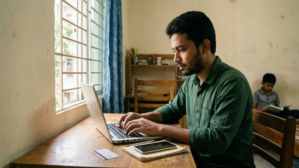 একজন তরুণ পুরুষ সেলার টেবিলে বসে ল্যাপটপে একটা সরকারি আবেদন ফর্ম পূরণ করছেন, পাশে তাঁর জাতীয় পরিচয়পত্র আর মোবাইল ফোন রাখা