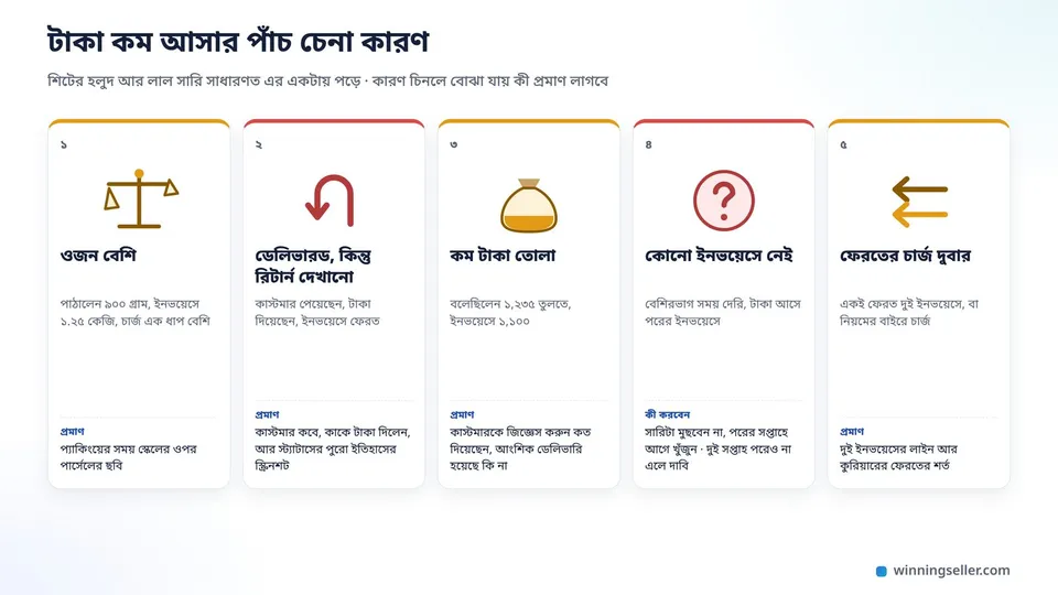 একটা নকশায় পাঁচটা ছোট কার্ড পাশাপাশি, প্রতিটায় একটা আইকন আর বাংলায় এক লাইন, একটা দাঁড়িপাল্লা ওজন বেশি, একটা উল্টো তীর ডেলিভারড কিন্তু রিটার্ন দেখানো, একটা আধা ভরা থলে কম টাকা তোলা, একটা প্রশ্নবোধক চিহ্ন কোনো ইনভয়েসে নেই, আর দুইটা তীর ফেরতের চার্জ দুবার