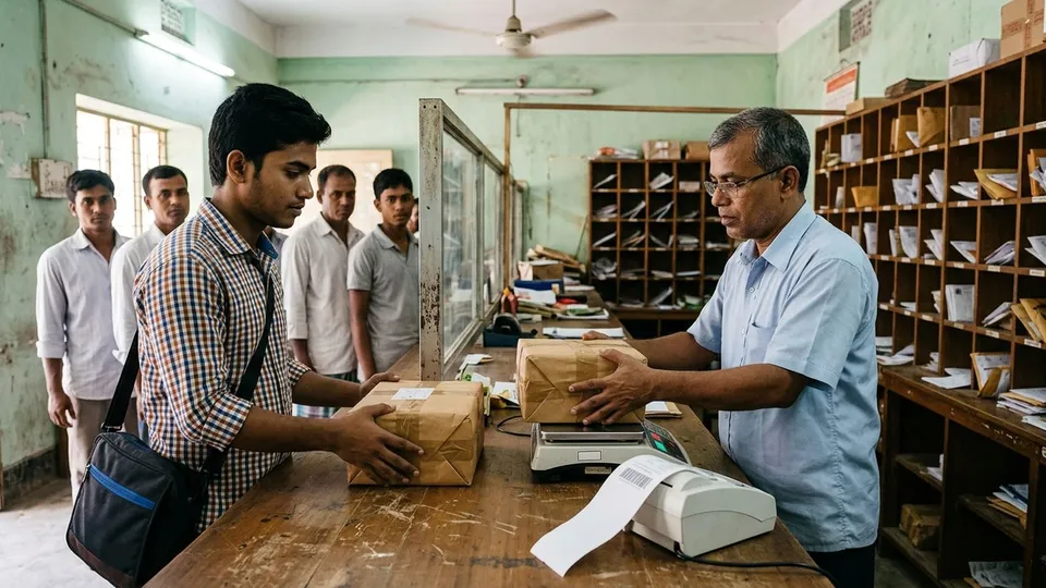 উপজেলা ডাকঘরের কাউন্টারে একজন তরুণ সেলার ব্রাউন পেপারে মোড়া পার্সেল এগিয়ে দিচ্ছেন, কাউন্টারের ওপাশে একজন পুরুষ কর্মী ডিজিটাল ওজন মাপার যন্ত্রে পার্সেলটা মাপছেন, পাশে বারকোডের রিসিট ছাপা হচ্ছে