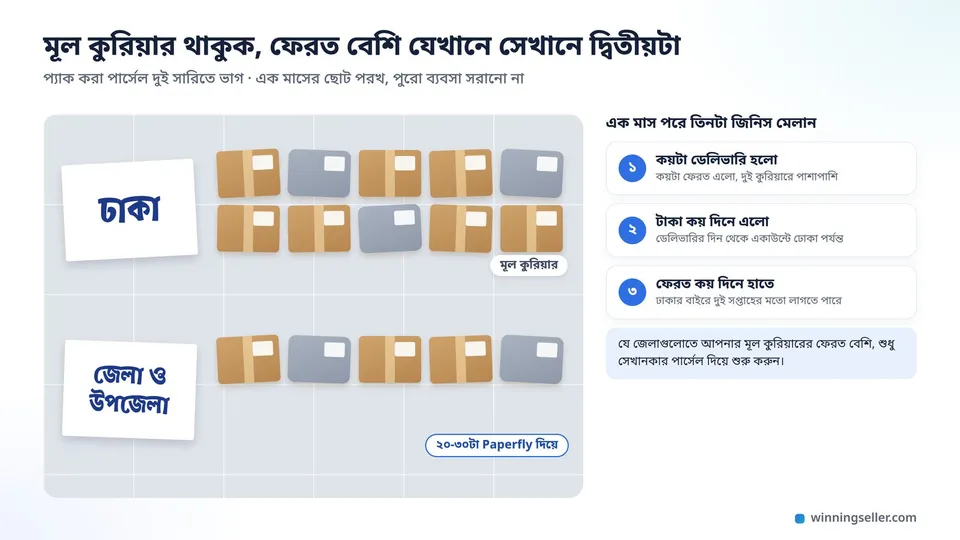 প্যাক করা পার্সেলের দুই সারির ড্রয়িং, এক সারির মাথায় ঢাকা লেখা কাগজ আর মূল কুরিয়ার, অন্য সারির মাথায় জেলা ও উপজেলা লেখা কাগজ আর ২০-৩০টা Paperfly দিয়ে, পাশে এক মাস পরে মেলানোর তিনটা জিনিস