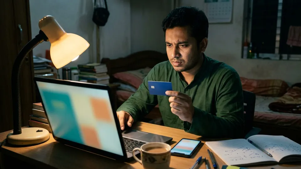 রাতে ঘরের টেবিলে বসে একজন তরুণ সেলার ল্যাপটপে একটা অনলাইন স্টোরের পেমেন্ট সেটিংস দেখছেন, এক হাতে ব্যাংকের কার্ড, পাশে মোবাইলে কুরিয়ারের অ্যাপ খোলা