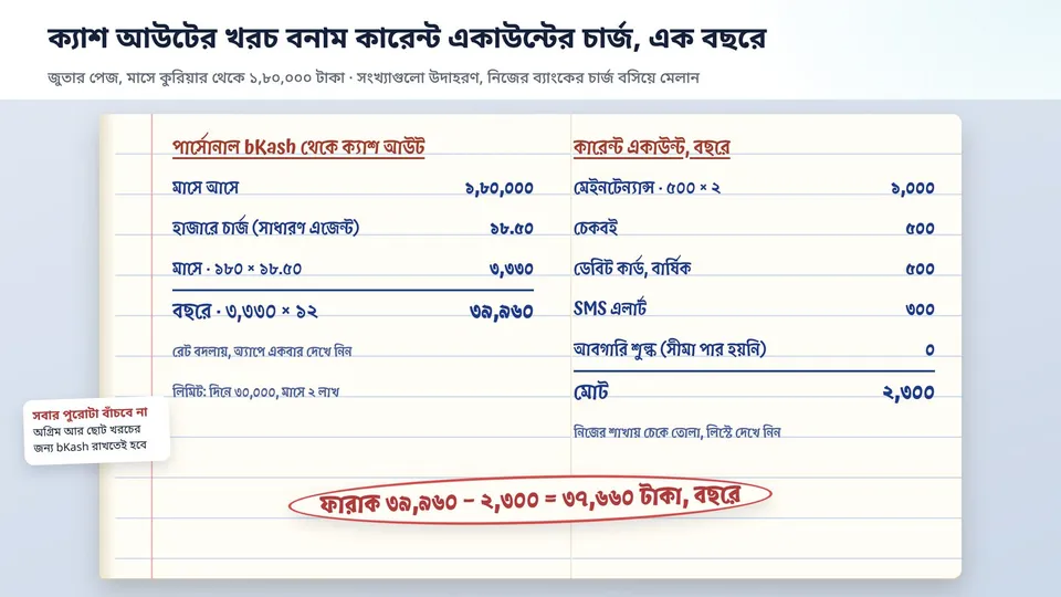 একটা খাতার পাতায় হাতে লেখা দুই কলামের হিসাবের নকশা, বাঁ দিকে bKash থেকে ক্যাশ আউটের মাসিক আর বছরের খরচ, ডান দিকে কারেন্ট একাউন্টের মেইনটেন্যান্স, চেকবই, ডেবিট কার্ড আর SMS-এর খরচ, নিচে দুই কলামের ফারাক গোল দাগ দিয়ে দেখানো